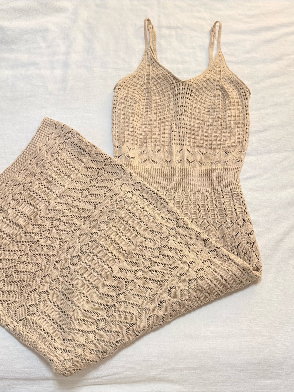 Freshman Beige Crochet Knit Maxi Jumpsuit